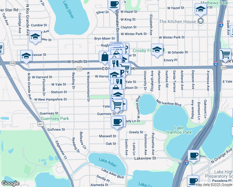map of restaurants, bars, coffee shops, grocery stores, and more near 714 West New Hampshire Street in Orlando