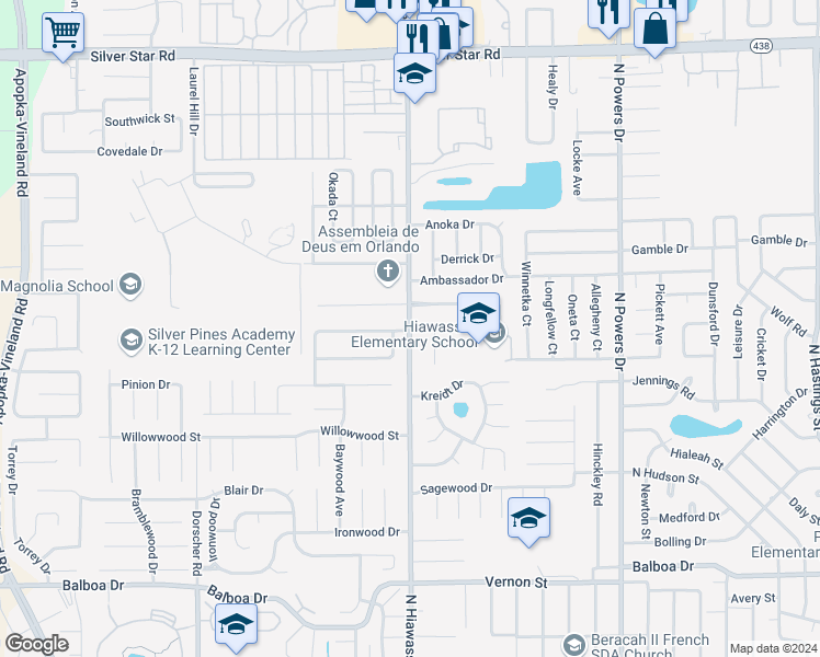 map of restaurants, bars, coffee shops, grocery stores, and more near N Hiawassee Rd & Hennepin Blvd in Orlando