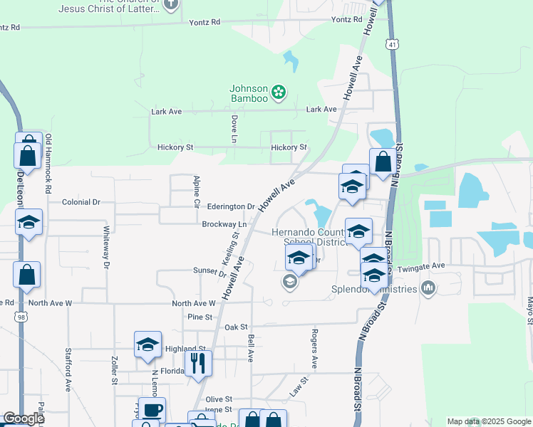 map of restaurants, bars, coffee shops, grocery stores, and more near 74 Oakwood Drive in Brooksville
