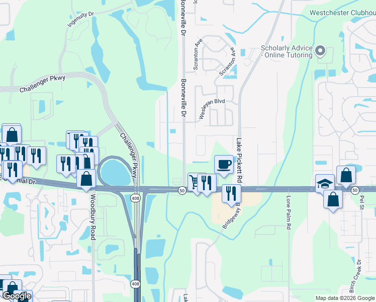 map of restaurants, bars, coffee shops, grocery stores, and more near 1725 Bonneville Drive in Orlando