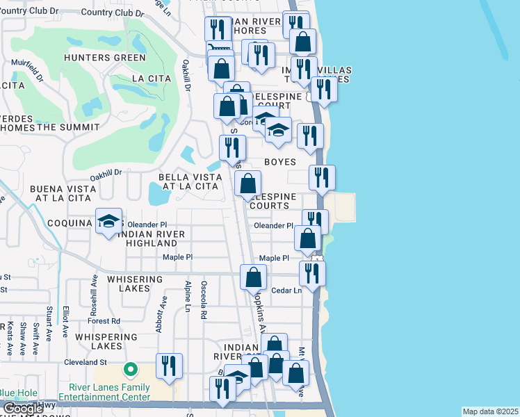 map of restaurants, bars, coffee shops, grocery stores, and more near 312 Oleander Place in Titusville