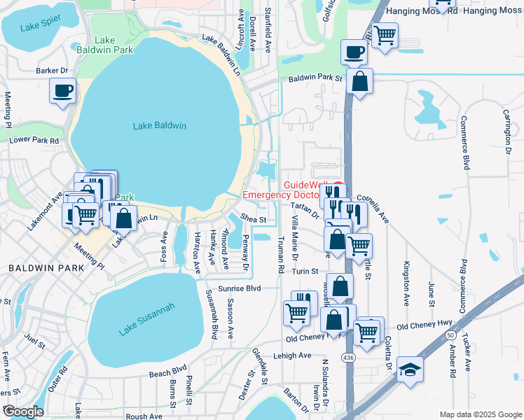 map of restaurants, bars, coffee shops, grocery stores, and more near 5350 Shea Street in Orlando