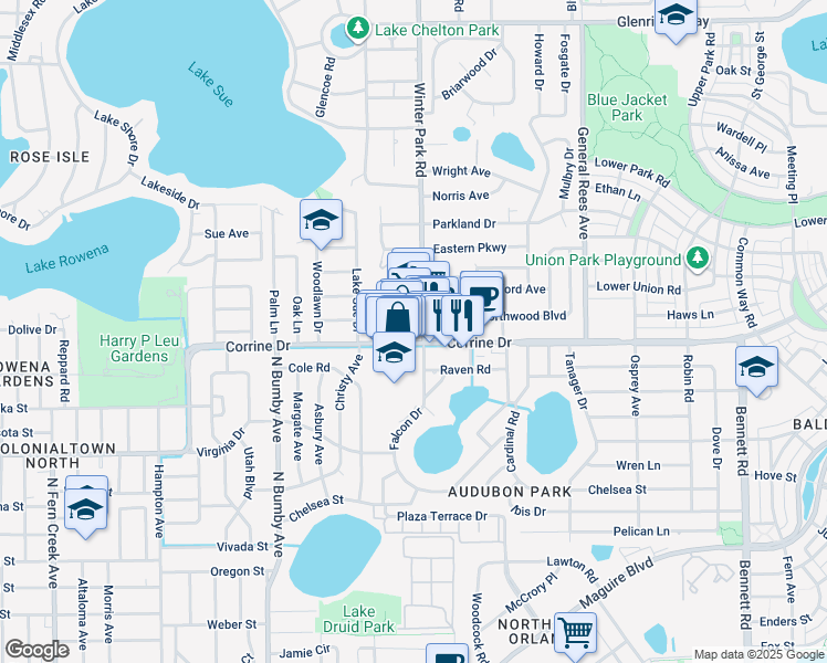 map of restaurants, bars, coffee shops, grocery stores, and more near 2924 Corrine Drive in Orlando