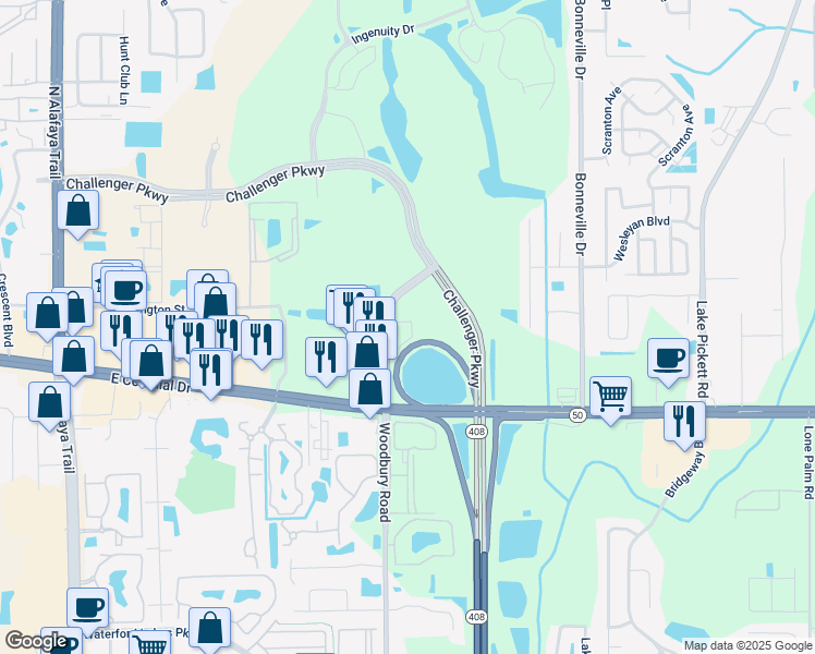 map of restaurants, bars, coffee shops, grocery stores, and more near 12401 East Colonial Drive in Orlando