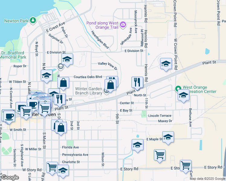 map of restaurants, bars, coffee shops, grocery stores, and more near 855 East Plant Street in Winter Garden