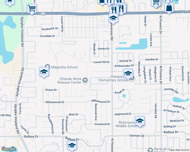 map of restaurants, bars, coffee shops, grocery stores, and more near 7107 Blue Earth Court in Orlando