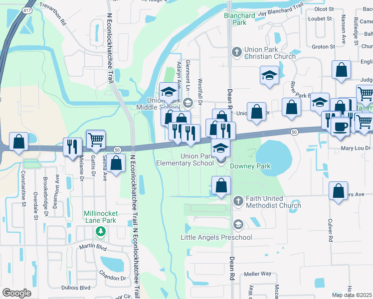 map of restaurants, bars, coffee shops, grocery stores, and more near 9705 East Colonial Drive in Orlando
