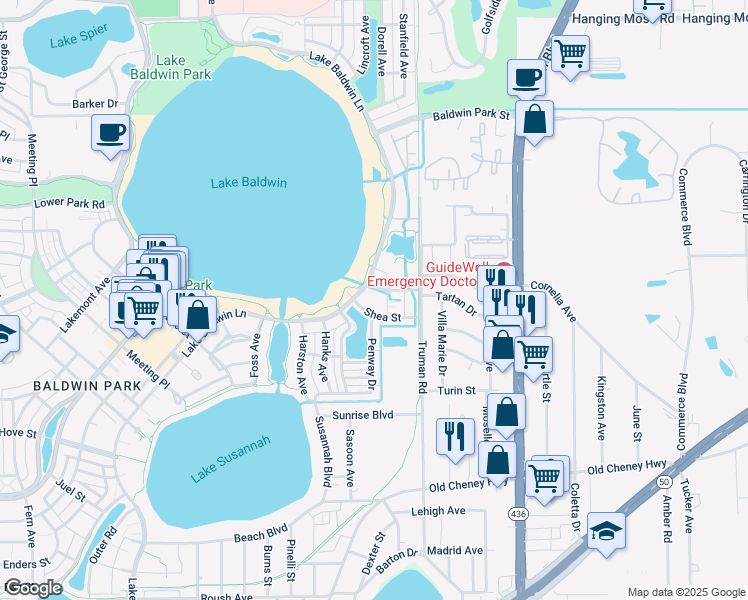 map of restaurants, bars, coffee shops, grocery stores, and more near 2028 Reefpoint Drive in Orlando
