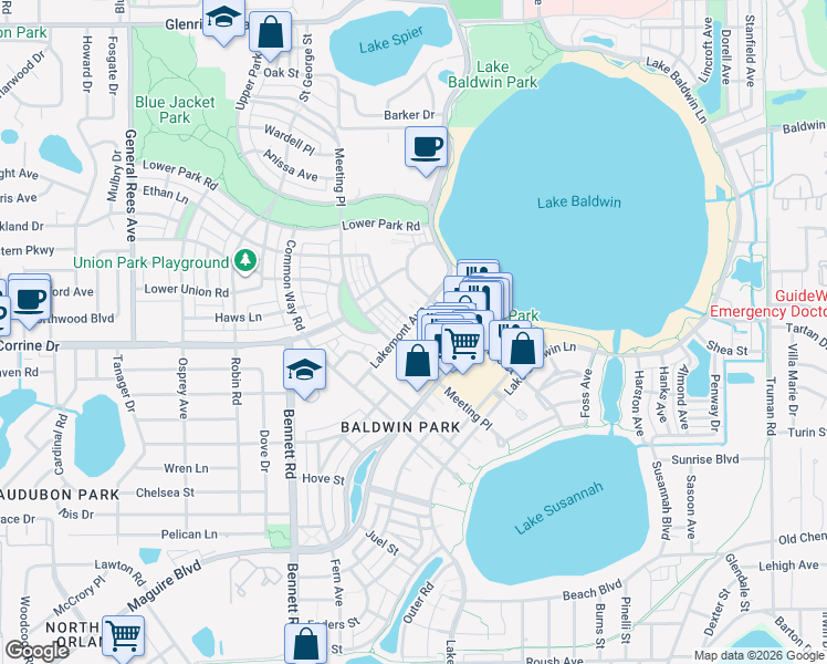 map of restaurants, bars, coffee shops, grocery stores, and more near 1875 Lakemont Avenue in Orlando