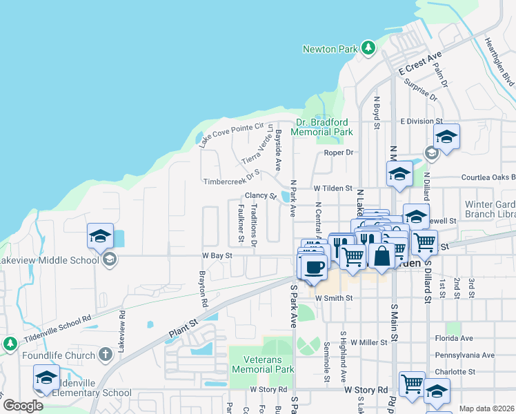 map of restaurants, bars, coffee shops, grocery stores, and more near 701 Clancy Street in Winter Garden