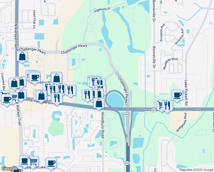 map of restaurants, bars, coffee shops, grocery stores, and more near 12401 East Colonial Drive in Orlando