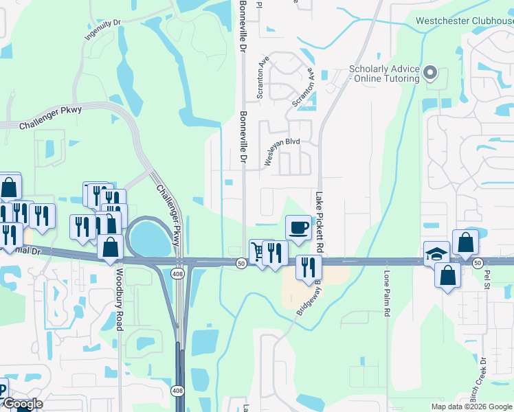 map of restaurants, bars, coffee shops, grocery stores, and more near 13019 Odyssey Lake Way in Orlando