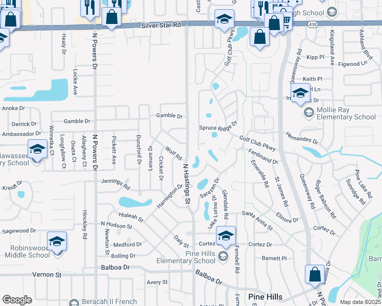 map of restaurants, bars, coffee shops, grocery stores, and more near 2011 North Hastings Street in Orlando