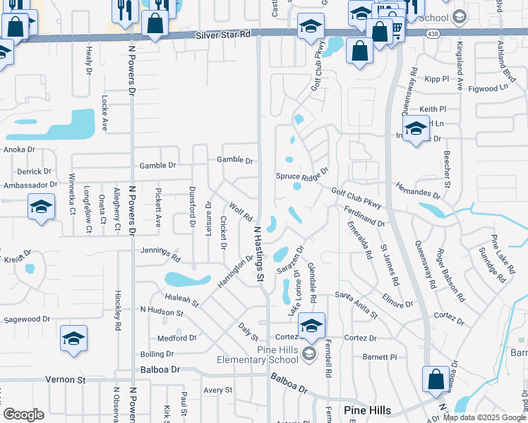 map of restaurants, bars, coffee shops, grocery stores, and more near 2011 North Hastings Street in Orlando