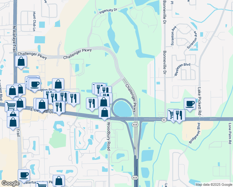 map of restaurants, bars, coffee shops, grocery stores, and more near 12401 East Colonial Drive in Orlando