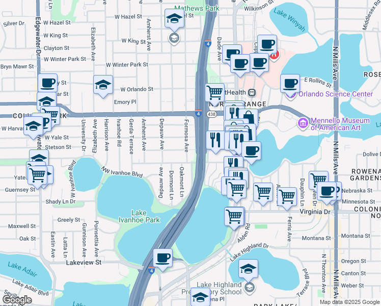 map of restaurants, bars, coffee shops, grocery stores, and more near 113 East Vanderbilt Street in Orlando