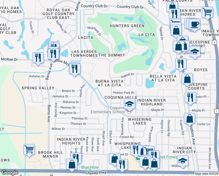 map of restaurants, bars, coffee shops, grocery stores, and more near 3910 Raney Road in Titusville