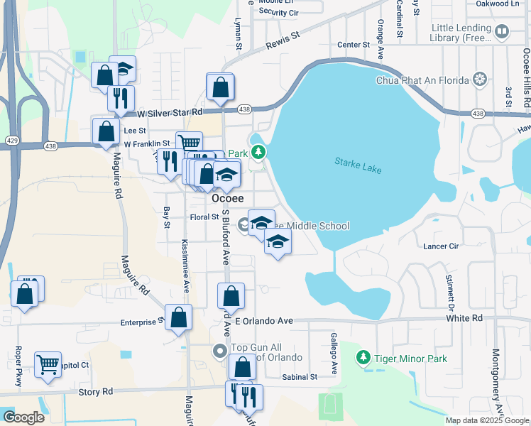 map of restaurants, bars, coffee shops, grocery stores, and more near 118 Magnolia Street in Ocoee