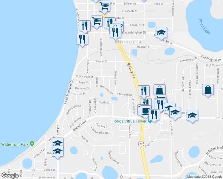 map of restaurants, bars, coffee shops, grocery stores, and more near 116 Lillian Street in Minneola