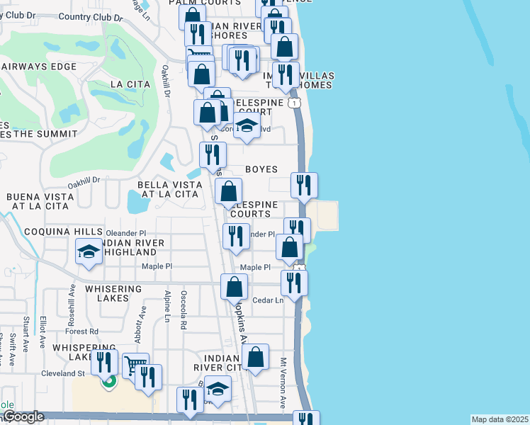 map of restaurants, bars, coffee shops, grocery stores, and more near 201 Olmstead Drive in Titusville