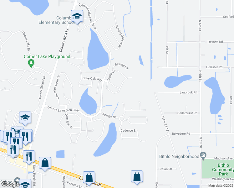 map of restaurants, bars, coffee shops, grocery stores, and more near 2144 Darlin Circle in Orlando