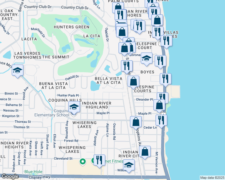 map of restaurants, bars, coffee shops, grocery stores, and more near 625 Bella Vista Drive in Titusville