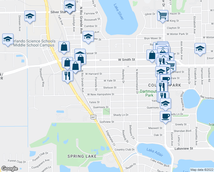 map of restaurants, bars, coffee shops, grocery stores, and more near 1309 Stetson Street in Orlando