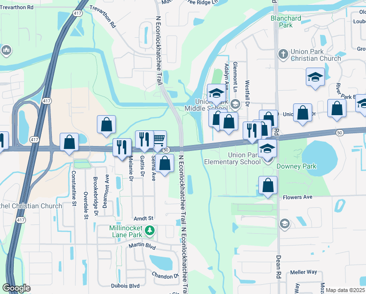 map of restaurants, bars, coffee shops, grocery stores, and more near in Orlando