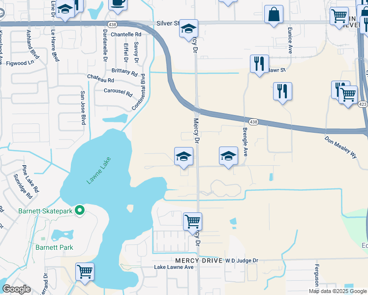 map of restaurants, bars, coffee shops, grocery stores, and more near 2048 Mercy Drive in Orlando