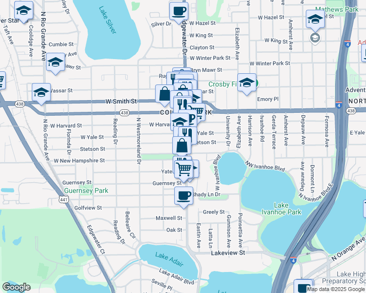 map of restaurants, bars, coffee shops, grocery stores, and more near 1914 Edgewater Drive in Orlando