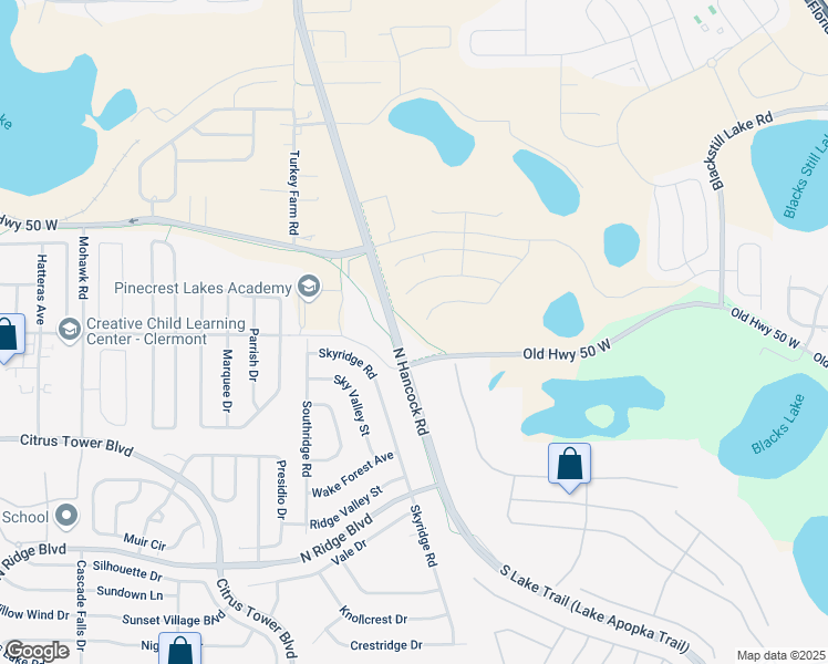 map of restaurants, bars, coffee shops, grocery stores, and more near 983 North Hancock Road in Clermont