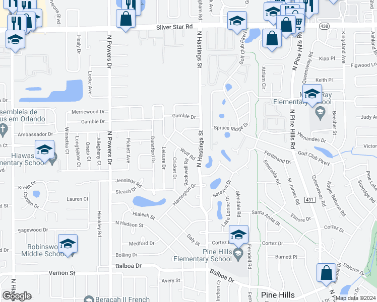 map of restaurants, bars, coffee shops, grocery stores, and more near 5819 Wolf Road in Orlando