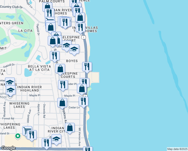 map of restaurants, bars, coffee shops, grocery stores, and more near 53 East Olmstead Drive in Titusville