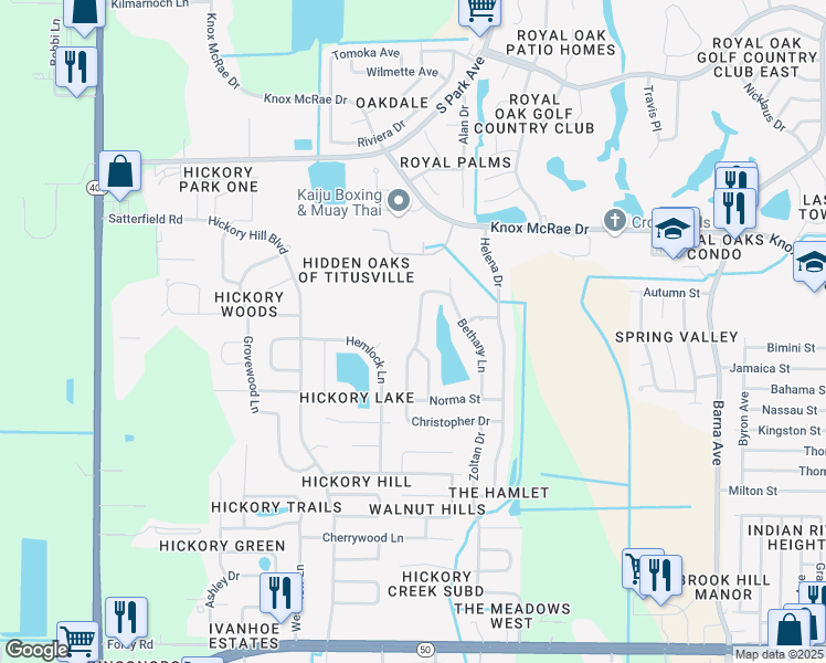 map of restaurants, bars, coffee shops, grocery stores, and more near 2577 Christopher Drive in Titusville