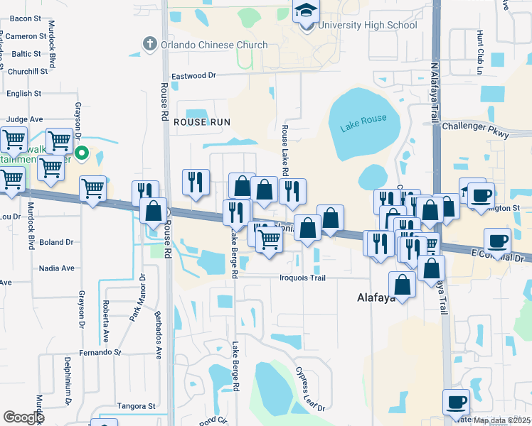 map of restaurants, bars, coffee shops, grocery stores, and more near 1802 Rouse Lake Road in Orlando
