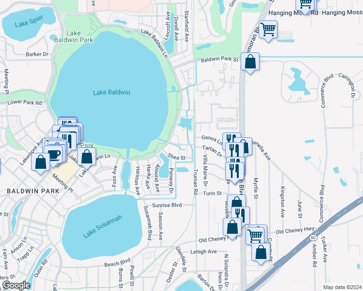 map of restaurants, bars, coffee shops, grocery stores, and more near 2028 Reefpoint Drive in Orlando