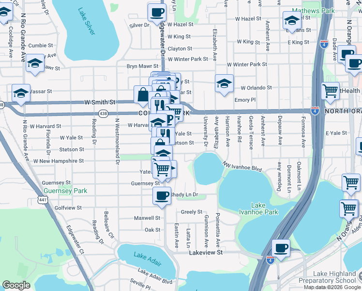 map of restaurants, bars, coffee shops, grocery stores, and more near 625 Stetson Street in Orlando