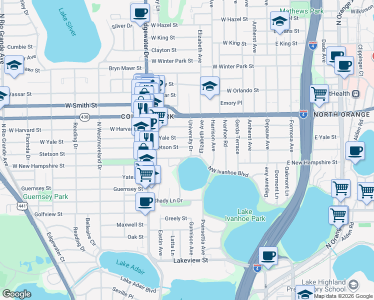 map of restaurants, bars, coffee shops, grocery stores, and more near 1901 University Drive in Orlando