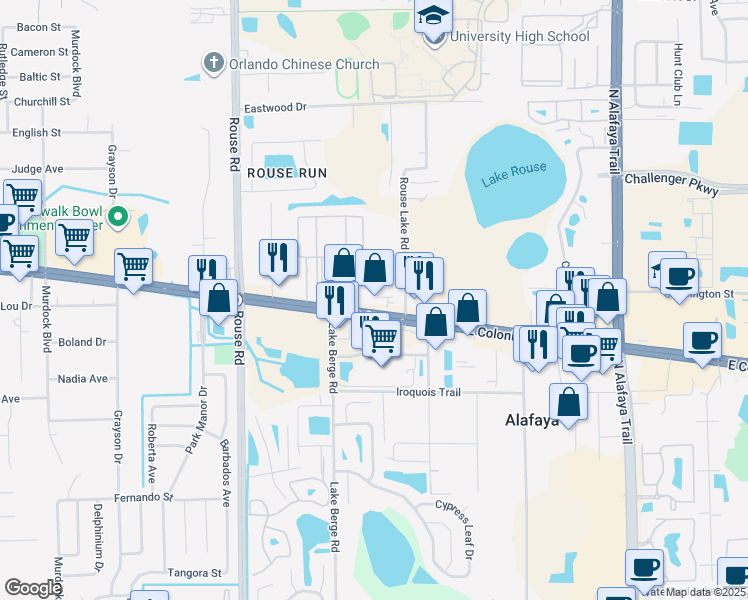 map of restaurants, bars, coffee shops, grocery stores, and more near 1802 Rouse Lake Road in Orlando