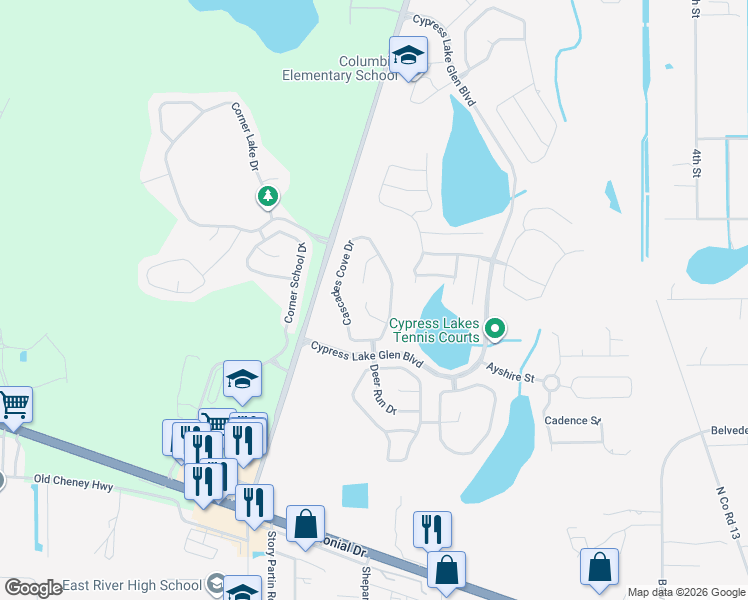 map of restaurants, bars, coffee shops, grocery stores, and more near 17103 Arbor Woods Court in Orlando
