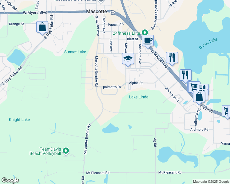 map of restaurants, bars, coffee shops, grocery stores, and more near 610 Palmetto Drive in Mascotte