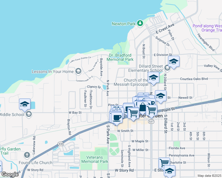 map of restaurants, bars, coffee shops, grocery stores, and more near 327 Apopka Street in Winter Garden