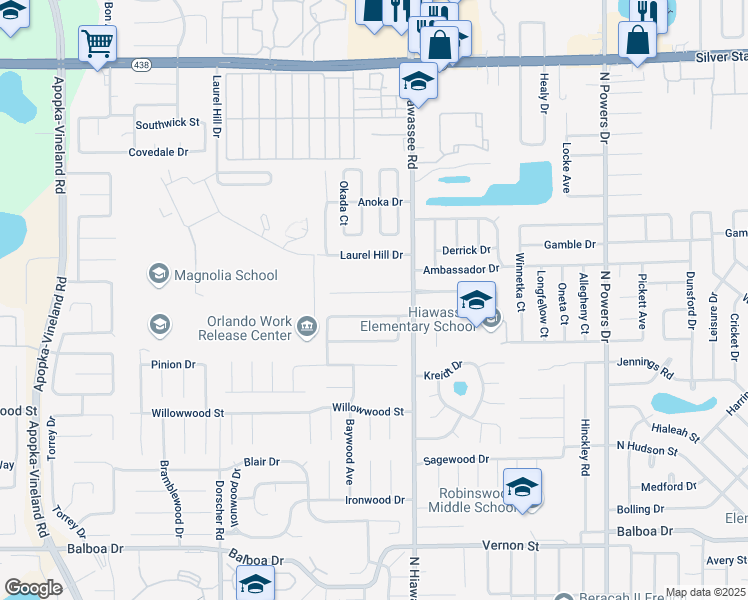 map of restaurants, bars, coffee shops, grocery stores, and more near 7018 Blue Earth Court in Orlando