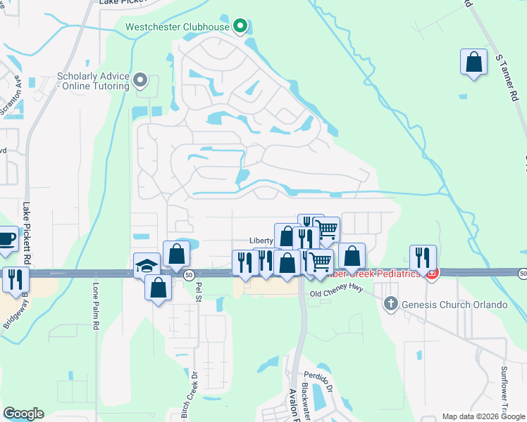 map of restaurants, bars, coffee shops, grocery stores, and more near 14553 Congress Street in Orlando