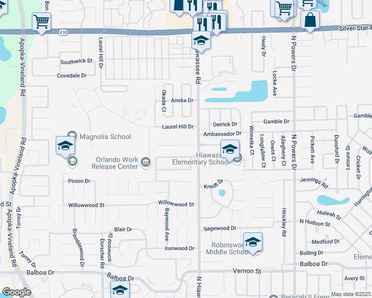 map of restaurants, bars, coffee shops, grocery stores, and more near 7018 Blue Earth Court in Orlando