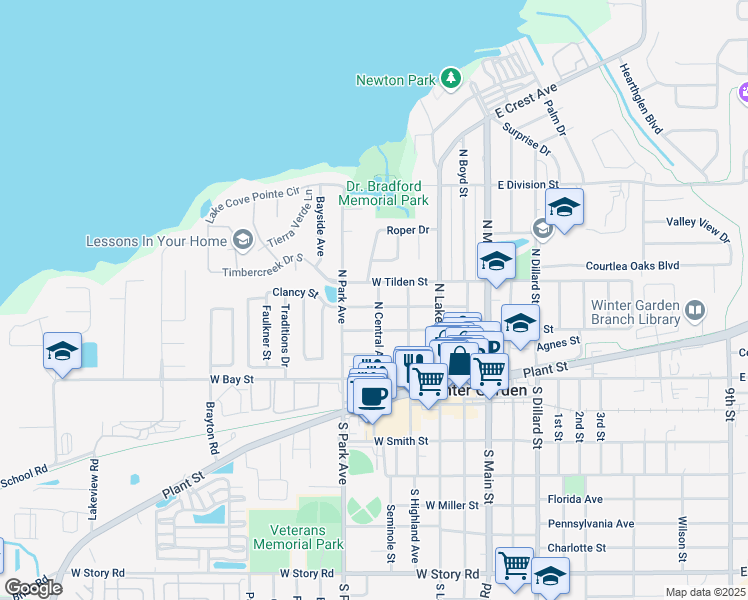 map of restaurants, bars, coffee shops, grocery stores, and more near 316 West Tilden Street in Winter Garden