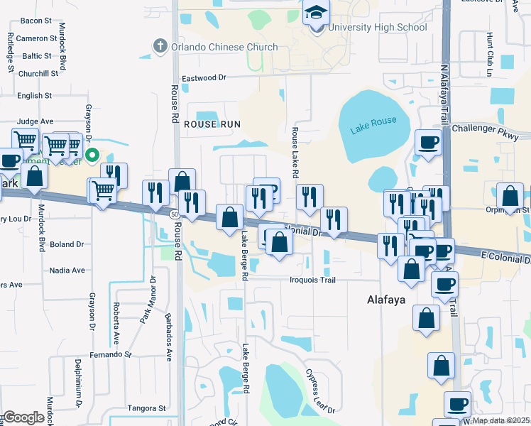 map of restaurants, bars, coffee shops, grocery stores, and more near 11229 East Colonial Drive in Orlando