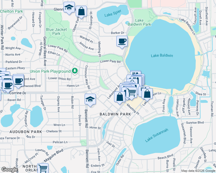 map of restaurants, bars, coffee shops, grocery stores, and more near 1950 Prospect Avenue in Orlando