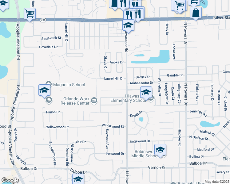 map of restaurants, bars, coffee shops, grocery stores, and more near 7018 Blue Earth Court in Orlando