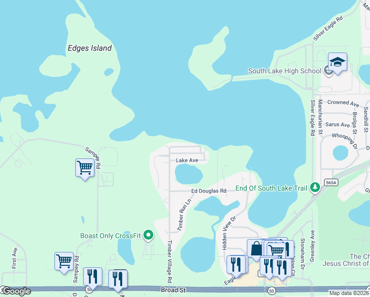 map of restaurants, bars, coffee shops, grocery stores, and more near 15130 Timber Village Road in Groveland